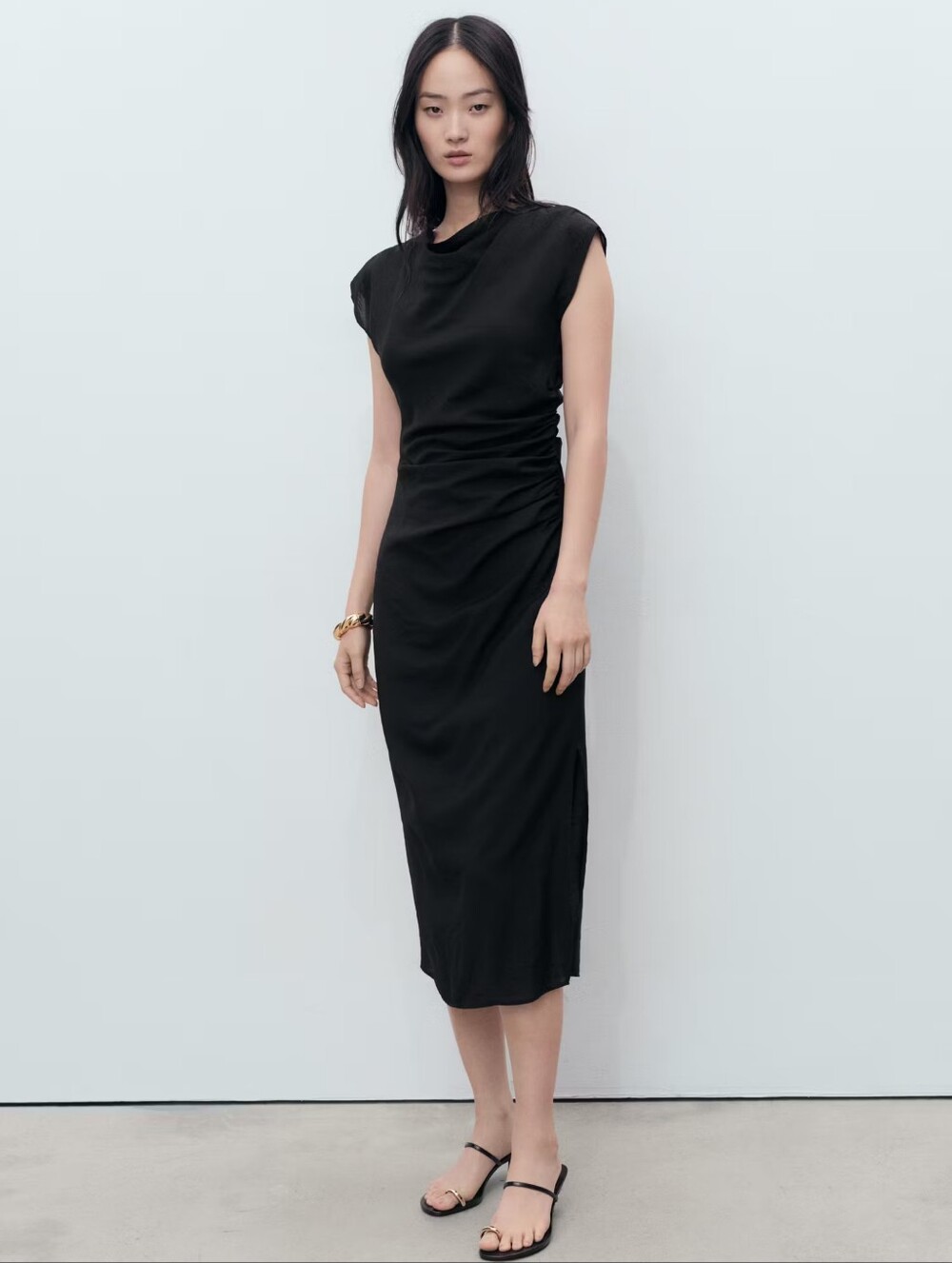 NWOT Mango Black Ruched Cap-Sleeve Midi Dress